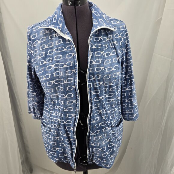 810-4 Chico’s Zenergy glasses print zippered ¾ sleeve jacket Size 2 Large/12 - Picture 6 of 9